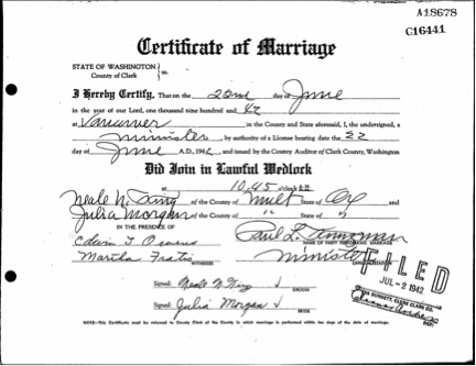 1942 Julia and Neale King Marriage Certificate