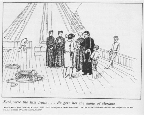 Mariana Jimenez being baptized aboard San Vitores' Ship in 1668