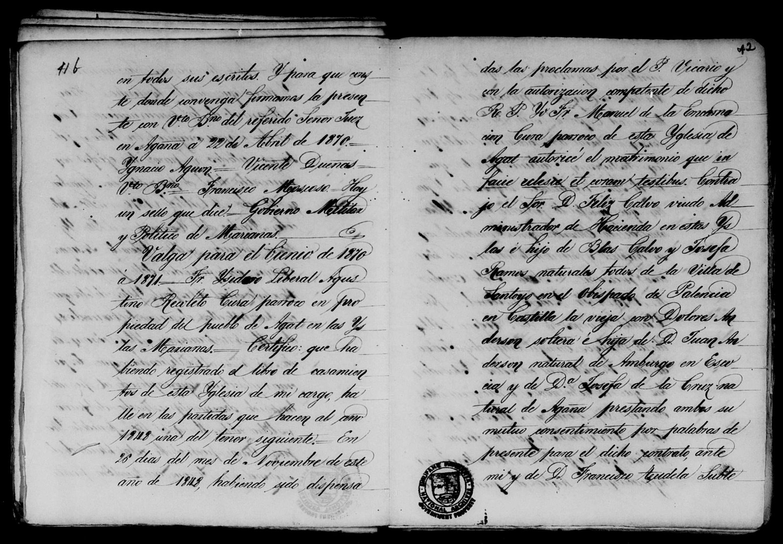 1848 Marriage Dolores de la Cruz Anderson and Felix Ramos Calvo