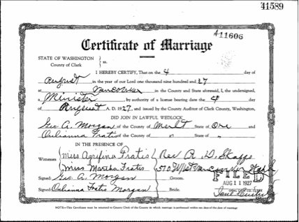 1927-Julia Fratis and Geo Morgan Marriage Certificate