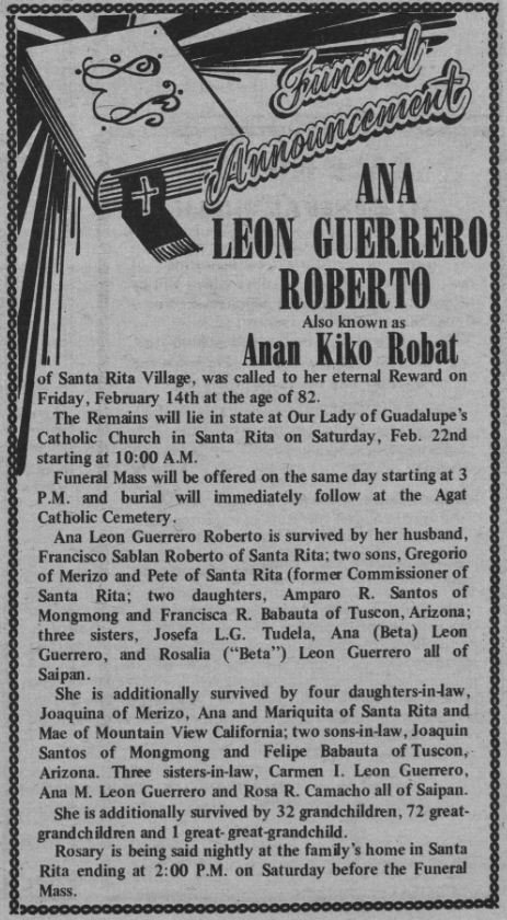 Ana Leon Guerrero Roberto (12 Feb 1893 - 14 Feb 1975). Source: Guam Pacific Daily News