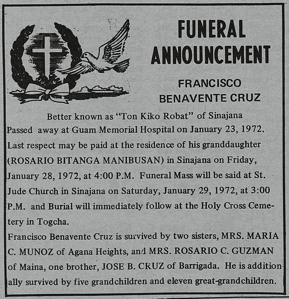Francisco Benavente Cruz (19 Jun 1893 - 19 Jan 1972). Source: Guam Pacific Daily News