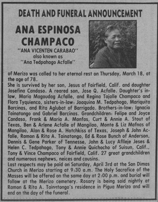 Ana Espinosa Champaco 1982 Funeral Announcement (Guam PDN)