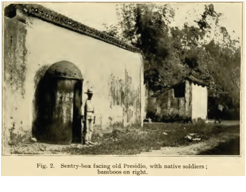 Sentry-box facing old Presidio, with native solders; bamboos on right.